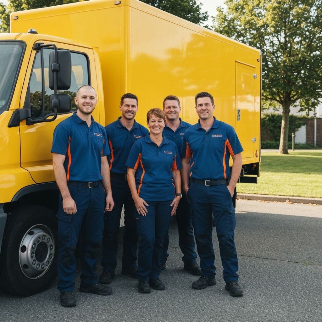 Mike Portable Toilets team standing next to delivery truck